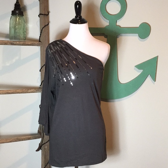Victoria's Secret Tops - One shoulder sequin gray bell sleeve top